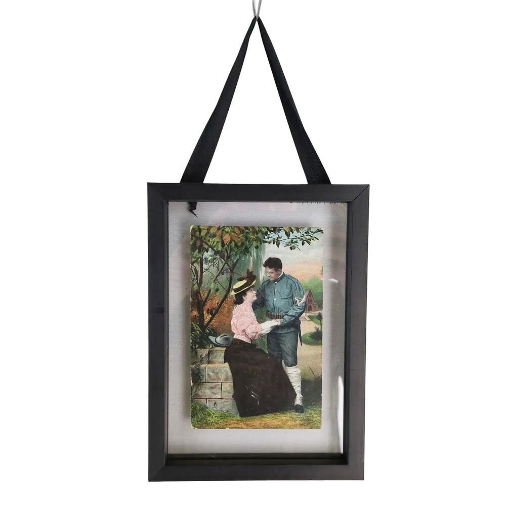 Framed Antique 1908 German French Postcard Featuring a Soldier & Lady Romance